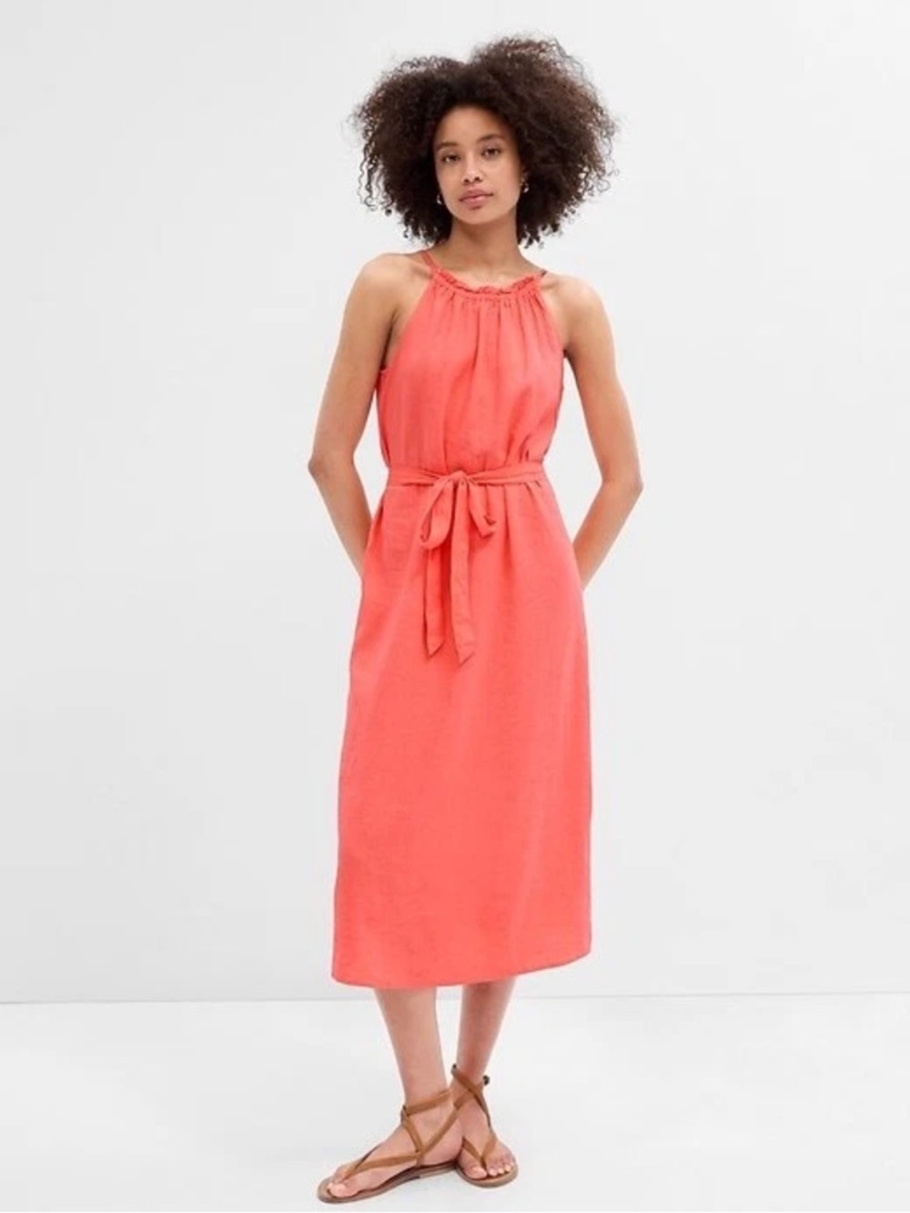 GAP Coral Linen Halter Midi Spring Wedding Guest Dress Size Large